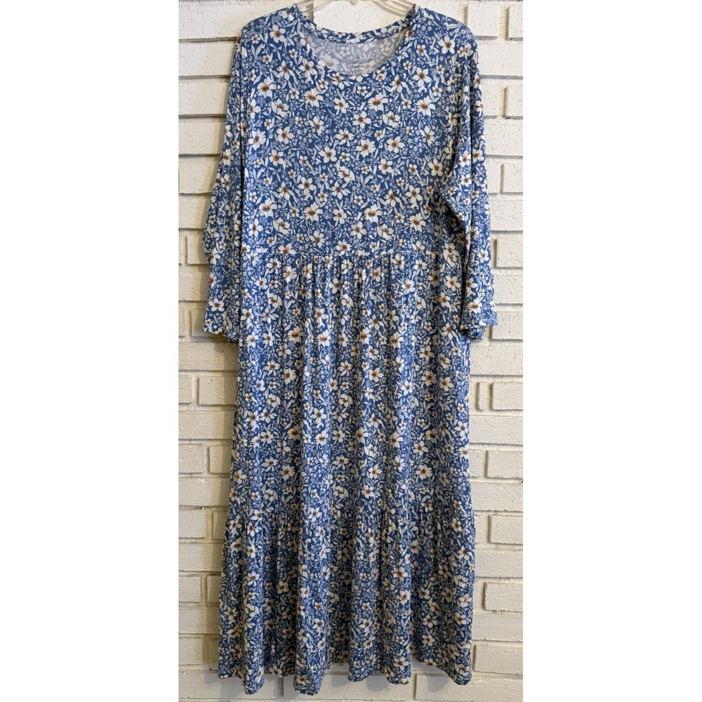 Cuddl Duds Women's Long Sleeve Maxi Dress Blue/Floral (Size L) Cottagecore